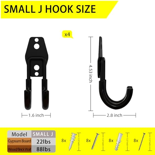 4 Pack Garage Hooks Heavy Duty, Steel Utility Ladder Hooks for Hanging Tools,Bikes, Hoses and Ropes - Wall Mount Organizer with Anti-Slip Coating（2.8in） - size: 2.8in
