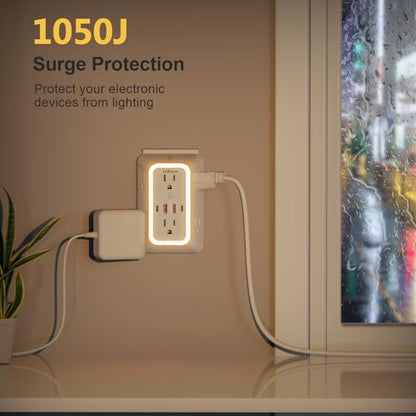Wall Outlet Extender with Night Light, Power Plug Adapter Multi Plug Outlet Surge Protector with 4 USB Charging Ports (2 USB C), Adapter Spaced Outlets for Home Travel Office - color: White with Night Light