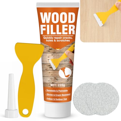 Wood Filler,220g Paintable & Sandable Wood Putty –Low Odor, Shrink & Crack Resistant-Quick Repair for Cracks, Holes and Damage-For Indoor & Outdoor Wood Repair(White)