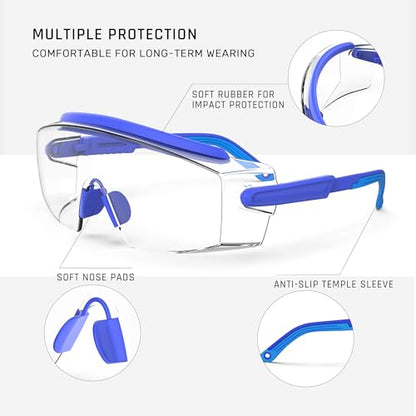 Anti Fog Safety Glasses Safety Goggles Over Glasses Protective Glasses with Anti Scratch Lenses Adjustable - color: Blue