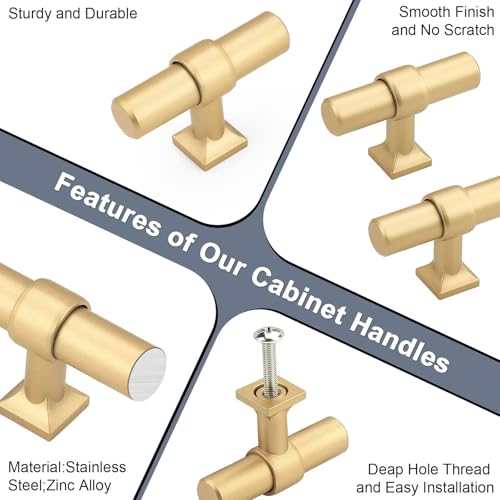5Pack Single Hole Gold Champagne Cabinet Knobs T Shaped Dold Kitchen Cabinet Knobs Hardware Pull Knob for Cabinets and Drawers 50mm Total Length - color: Champagne Gold, size: Single Hole-2inch Length