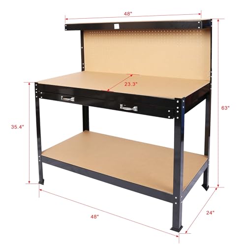 Majnesvon 48" Work Bench, 220 LBS Workbench with Drawers, Tool Bench with 10 Hanging Hooks & Peg Board, Work Benches for Garage (48 INCH) - size: 48 INCH