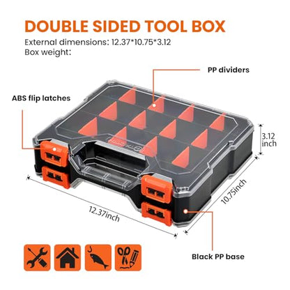 TACTIX 34 Compartments Double-Sided Tool Organizer, Toolbox with 14 Adjustable Dividers & Transparent Lids, Portable Hardware Storage Box for Screws, Nuts, Fishing Accessories (Black/Orange) - style: Double-sided PP Organizer