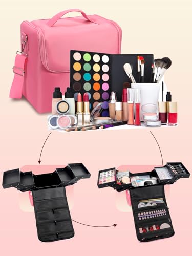 Deciniee Large Pink Makeup Nail Polish Organizer Bag, 4 Tier Professional Makeup Case, Waterproof Nylon, Travel/On-the-go Makeup Storage - color: Pink Regular