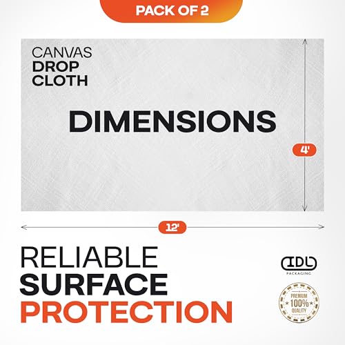 Canvas Drop Cloths 4' x 12', Pack of 2 - Reusable & Eco-Friendly Painters Drop Cloth for Furniture, Surfaces & Floor Protection - 100% Recycled Cotton Canvas Tarp for Home Renovation by IDL Packaging - size: 4' x 12', Pack of 2
