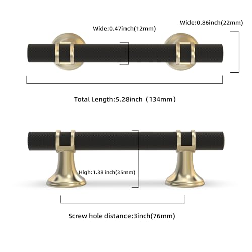 10 Pack 3 Inch Cabinet Pulls knurled Matte Black and Brushed Gold Kitchen Cabinet Handles Aluminum and Zinc Alloy Drawer Pulls Solid Cabinet Hardware - color: Black and Brushed Gold Knurled, size: 3'' Hole Center(76mm)