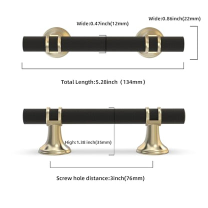 10 Pack 3 Inch Cabinet Pulls knurled Matte Black and Brushed Gold Kitchen Cabinet Handles Aluminum and Zinc Alloy Drawer Pulls Solid Cabinet Hardware - color: Black and Brushed Gold Knurled, size: 3'' Hole Center(76mm)