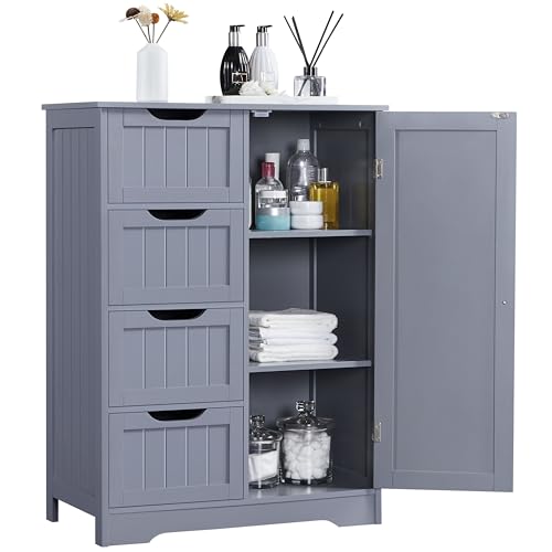 Yaheetech Large Bathroom Storage Cabinet, Freestanding Floor Cabinet with 4 Dawers and 1 Door, Adjustable Shelf, Bathroom Storage Organizer with 3 Shelves, for Living Room Kitchen Hallway, Gray - color: Grey, size: 26 x 14 x 35.5 In (LxWxH)