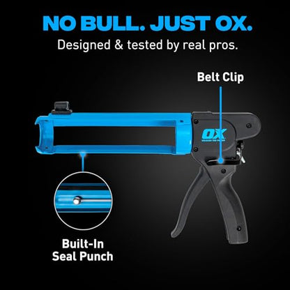 OX Pro Compact Caulk Gun - 10 oz Rodless Manual Caulking Gun Tool - 7:1 Thrust Ratio Designed for Tight Spaces, Includes Belt Clip - Pistola De Silicona - size: 10 oz - Rodless