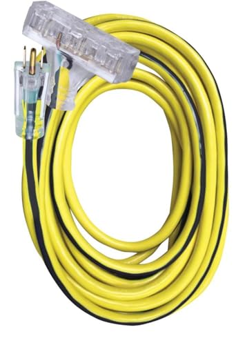 Voltec 05-00124 12/3 SJTW Outdoor Power Block Extension Cord with Lighted End, 50-Foot, Yellow with Blue Stripe
