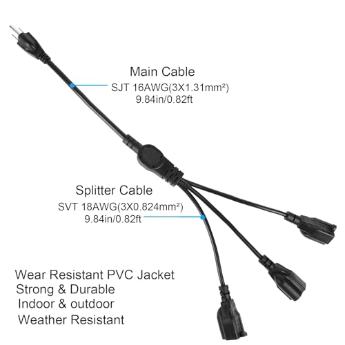 3 Prong 1 to 4 Outlet Power Cord Splitter Cord, 1.6FT 16AWG 10A/1250W, NEMA 5-15P to 3X NEMA 5-15R Y Style 3-Outlet Extension Cord for Home, Room, Office (Black) - style: 1 to 4 Power Cable (19.68in)