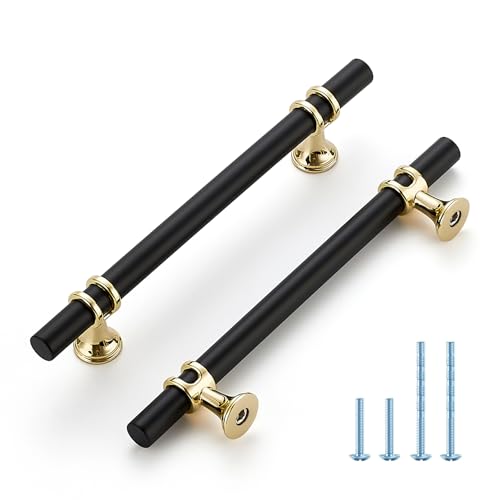 HOME EDIT Matte Black and Brushed Brass Cabinet Handles, 5 Inch Hole Center Modern T-Bar Drawer Pulls, Decorative Hardware for Cabinets, Dressers, and Drawers, 10 Pack - color: Brushed Brass and Matte Black, size: 5 Inch Hole Center