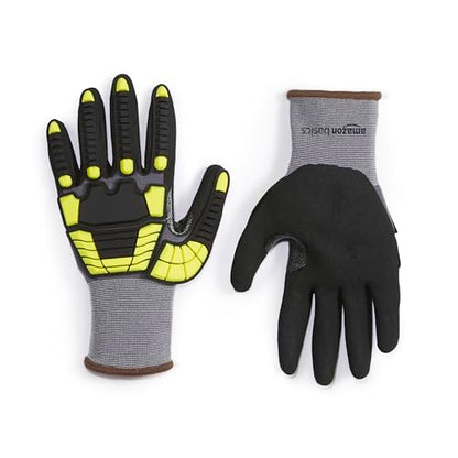 Amazon Basics Safety Work Gloves, Cut Level A1, Abrasion ANSI Level A4, Impact Protection, Touch Screen Friendly, 15G Sandy Nitrile Palm, Abrasion Resistant, Yellow, Size Large, Pack of 120 Pairs - size: Large
