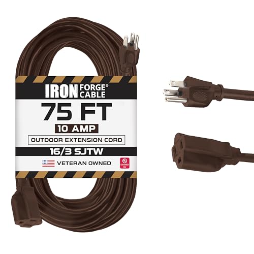 Iron Forge Cable Outdoor Brown Extension Cord 75 ft - 16 Gauge 10 Amp Heavy Duty Brown Outdoor Extension Cords 3 Prong - 16/3 SJTW Great for Outdoor - color: Brown, size: 75 FT
