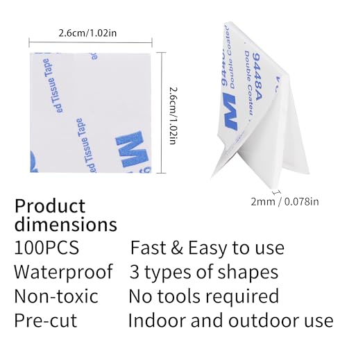 100 Pcs Double Sided Foam Tape Heavy Duty Mounting Tape, Waterproof,Removable,Sticky Pad for Car, Home, Office Decor,26 x 26 x 2mm, (White Square)