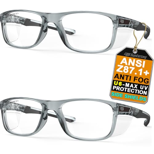 HTS HUNTERSKY TR90NZZ Safety Glasses with Side Shield Small Size Women Men ANSI Z87 Anti Fog Scratch Resistant Lab Pickleball - color: Gray/Clear 2 Pack