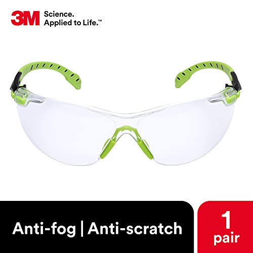 3M Safety Glasses, Solus 1000, S1201SGAF, ANSI Z87, Scotchgard Anti-Fog Lens, Green/Black Frame, Half-Frame, Padded Temple, Soft Nosebridge, UV Protection, Premium Eye Protection - size: Single, style: Clear Lens, Green/Black Frame