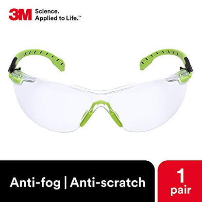 3M Safety Glasses, Solus 1000, S1201SGAF, ANSI Z87, Scotchgard Anti-Fog Lens, Green/Black Frame, Half-Frame, Padded Temple, Soft Nosebridge, UV Protection, Premium Eye Protection - size: Single, style: Clear Lens, Green/Black Frame