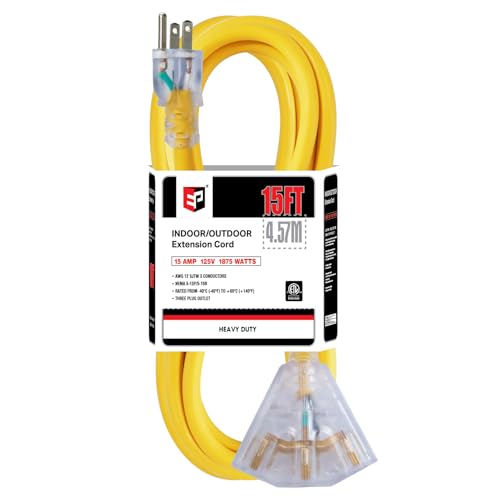 EP 15 Ft 12 Gauge Heavy Duty Extension Cord, 15A 125V 1875W, 3 Outlet Indoor/Outdoor Power Cord with Lighted End, 12/3 SJTW Weatherproof Yellow, UL Listed - color: Yellow, size: 15FT