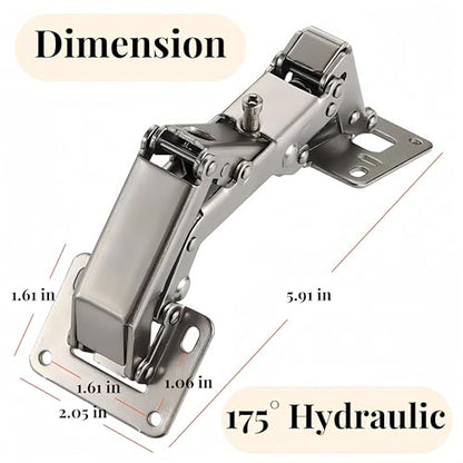 175° Heavy Duty Cabinet Hinges 2 Pair, Wide-Opening Concealed Hydraulic Hinges for Trap Doors, Thick Panels & Garage Cabinets | Soft Close, Adjustable Frameless Hinge Set with Screws & Storage Case - color: Universal | 175°Heavy Duty + Manual & Case