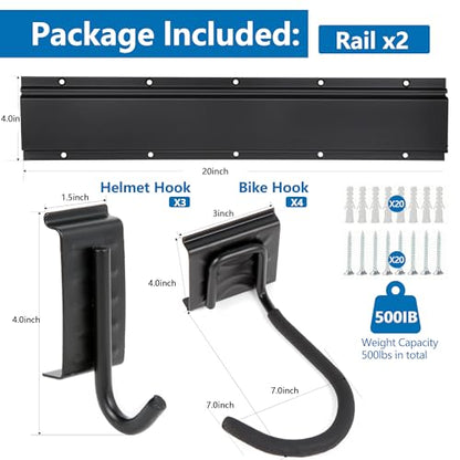 Sinoer Bike Storage Rack,Bike Storage Hanger, 4 Bikes + 3 Helmets Heavy Duty Bike Storage Vertical Bike Rack Holds up to 66lbs, 20 inches / 511mm -2 Rails - style: 4 Bikes - 20 inch - 2 Panels