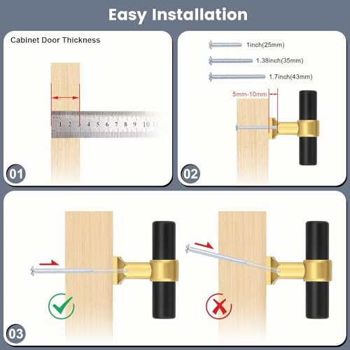 5Pack Single Hole Black Cabinet Knobs with Brushed Brass Base T Shaped Dold Kitchen Cabinet Knobs Hardware Pull Knob for Cabinets and Drawers 50mm Total Length - color: Black with Brushed Brass Base, size: Single Hole-2inch Length