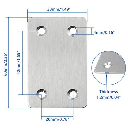 BokWin 12Pcs Flat Straight Mending Plates, 2.4" x 1.5" Mounting Bracket Plate, 0.05" Thickness Stainless Steel Straight Corner Brackets, Heavy Duty Flat Corner Brace for Furniture Repair with Screws - size: 2.4" X 1.5" (Silver)