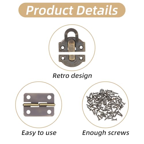 Antique Bronze Wooden Box Hinges and Latches, 6 Sets Hasp with Matching Screws Kit Antique Bronze Jewelry Box Hardware Retro Small Hinges DIY Project Jewelry Small Cabinet Wooden Craft Rep