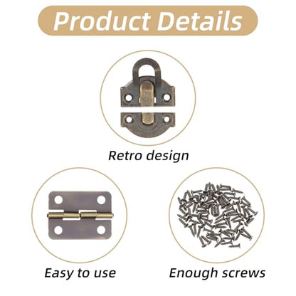 Antique Bronze Wooden Box Hinges and Latches, 6 Sets Hasp with Matching Screws Kit Antique Bronze Jewelry Box Hardware Retro Small Hinges DIY Project Jewelry Small Cabinet Wooden Craft Rep