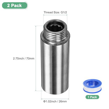 M METERXITY Shower Head Extension Arm, Stainless Steel G1/2 Male to Female Extension Pipe Fitting Adapter with PTFE Thread Seal Tape for Shower/Faucet, Pipe Plumbing Coupler 2.75"/70mm 2-Pack - size: 2.8"/70mm