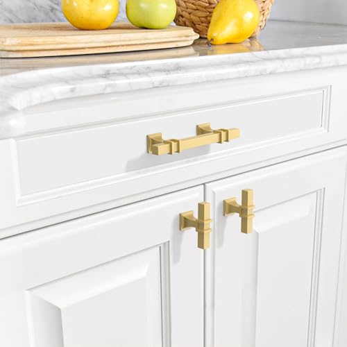 Amerdeco 10 Pack Brushed Gold Cabinet Pulls 3 Inch(76mm) Hole Center Drawer Pulls Cabinet Hardware Kitchen Cabinet Handles for Bathroom Dresser Pulls ZH0067 - color: Brushed Gold, size: 3"/76MM Hole Center