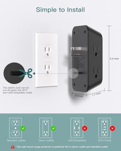 Addtam 5-Outlet Extender Surge Protector, Multi Plug Wall Outlet with 4 USB Wall Charger(PD 30W), Plug Extension Outlet 1800J, Outlet Splitter Power Strip for Home Office Dorm Room Essentials, Black - style: 2C2A PD 30W