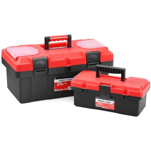 MAXPOWER 2-Piece Plastic Tool Box Set, 12-inch Mini Tool Box & 17-inch Handheld Toolbox, Lockable, Removable Tray, Top Small Parts Organizer Storage for Home, Garage, and DIY Projects - style: 12" 17" red