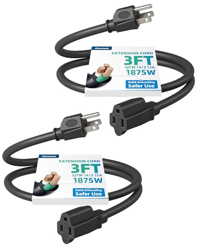 DEWENWILS Extension Cord 3ft, 14/3 SJTW Weatherproof Power Cable for Indoor Use, 3 Prong Heavy Duty Power Cord, NEMA 5-15P to NEMA 5-15R, Black, ETL Listed, 2 Pack - size: 3FT