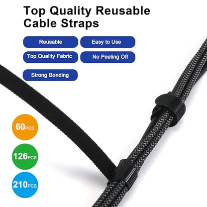 Nettbe Reusable Cable Ties, 210 PCS 8 Inches Adjustable Cord Straps Wire Organizer Cord Wrap and Hook Loop Cable Management - size: 8inches-210pcs