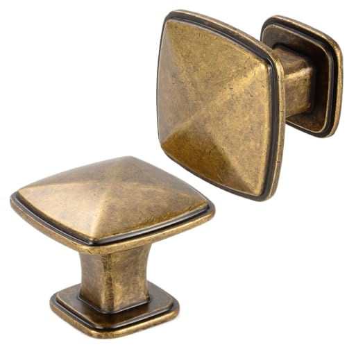 Antique Brass Cabinet Knobs Vintage Brass Drawer Knobs, 10 Pack 1-1/4 Inch, 1990 Square Single Hole Cabinet Pulls for Kitchen Cabinets Drawers Bedroom Dresser Cupboard Bathroom Vanity - color: Antique Brass, size: 1-1/4 Inches, style: 10 Pack Square Knob