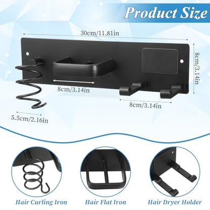 Hair Dryer Holder Wall Mounted 3 in 1 Bathroom Hair Tool Organizer Rack with Curling Iron Holder & Flat Iron Holder Blow Dryer Holder for Universal Dryer, Matte Black
