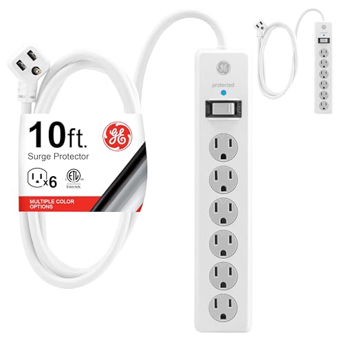 GE Surge Protector Power Strip, 10 Ft Extension Cord, 6 Outlet Extender, 800 Joules, Flat Plug, Twist-to-Close Safety Covers, ETL Listed, White, 2 Pack, 46862 - color: White, size: 10 Ft, style: 2 Pack