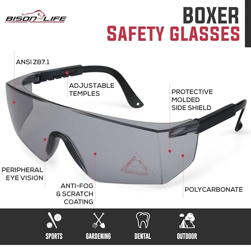 BISON LIFE Anti Fog Safety Glasses with Adjustable Temple & Side Protection, Wraparound Anti-Scratch Lens, Gray Lens & Black Temple, Mowing, Gardening, Outdoor Sports & More (Pack of 3) - color: Gray/Black