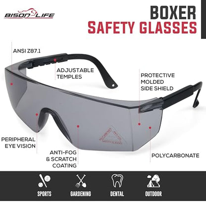 BISON LIFE Anti Fog Safety Glasses with Adjustable Temple & Side Protection, Wraparound Anti-Scratch Lens, Gray Lens & Black Temple, Mowing, Gardening, Outdoor Sports & More (Pack of 3) - color: Gray/Black