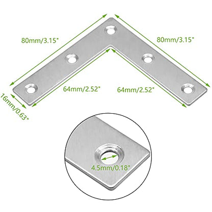 Bonsicoky 12Pcs L Shape Flat Bracket, 3.1" x 3.1" Stainless Steel Flat Corner Brackets, Corner Braces, Joining Plate, Repair Plate for Wood Furniture, Cabinet, Windows, Desks - style: L Shape