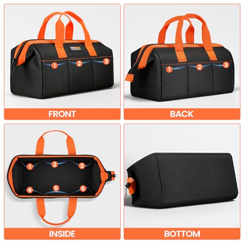 Tool Bag, Large Tool Organizer Bag with 18 Pockets,15.7x 11.4x 9.8 inch, Heavy Duty 600D Fabric, Black and Orange - size: 14.2inch