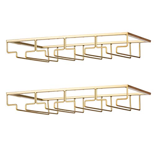 FOMANSH Wine Glass Rack - Under Cabinet Stemware Wine Glass Holder Glasses Storage Hanger 2 Pack Metal Organizer for Bar Kitchen 4 Rows Gold - color: Gold, size: 4 Rows 2 Packs
