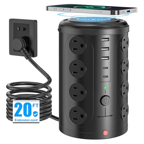 Tower Power Strip with 15W Wireless Charger, 20FT Extension Cord, 16 AC Outlets & 5 USB Ports (2 USB C) - Surge Protector for Office, Home, Dorm Room (Black) - size: 20ft With Wireless Charger