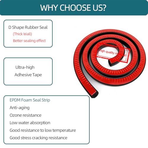 D Shape EPDM Foam Rubber Seal with Tape, Self-Adhesive Rubber Weather Stripping for Boat, Auto, RV, Marine, Garage Doors/Window and More, W:0.5"; H:0.5"; L:26Feet