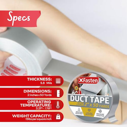 XFasten Silver Duct Tape, Packaging Tape, Heavy Duty Box Tape for Shipping Supplies, 2 Inches x 50 Yards, 5.8 Mil, All-Weather Repair & Packing - color: Silver