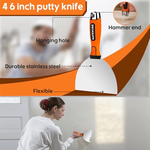 Matework Drywall Tools, 8-Piece Stainless Steel Drywall Knife Set, Putty Knives with Mud Pan, Tapping Knife with Hammer End and Ergonomic Grip for Wall Repair - color: 8 Pc