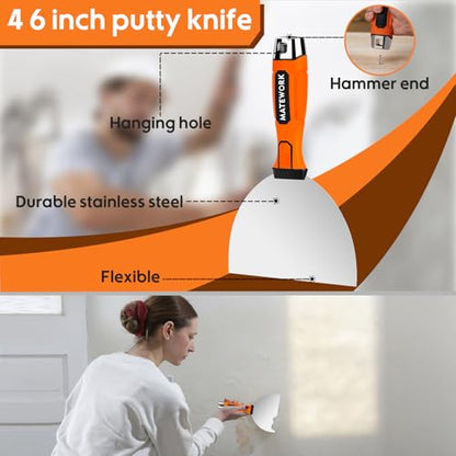 Matework Drywall Tools, 8-Piece Stainless Steel Drywall Knife Set, Putty Knives with Mud Pan, Tapping Knife with Hammer End and Ergonomic Grip for Wall Repair - color: 8 Pc