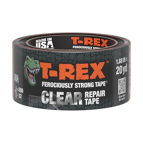 T-Rex Ferociously Strong Clear Repair Tape - Tears Easily by Hand - 1.88 Inch x 20 Yard Crystal Clear Tape for Discreet Fixes - All Weather & UV Resistant - Indoor/Outdoor (243155)