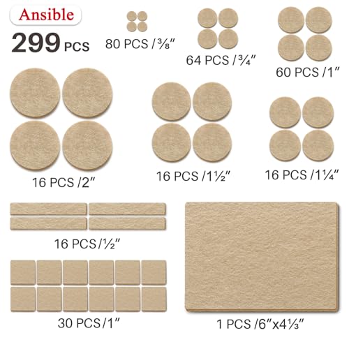 Ansible 299 PCS Felt Furniture Pads, Furniture Pads for Hardwood Floors, Chair Leg Feet Wood Floor Protectors (Beige) - size: 299 PCS Beige